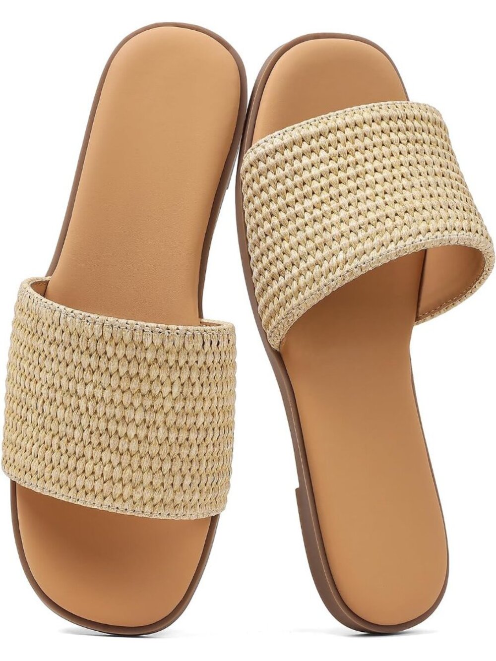 Women's Tan Raffia Summer Casual Comfortable Open Toe Basic Slip On Slippers
